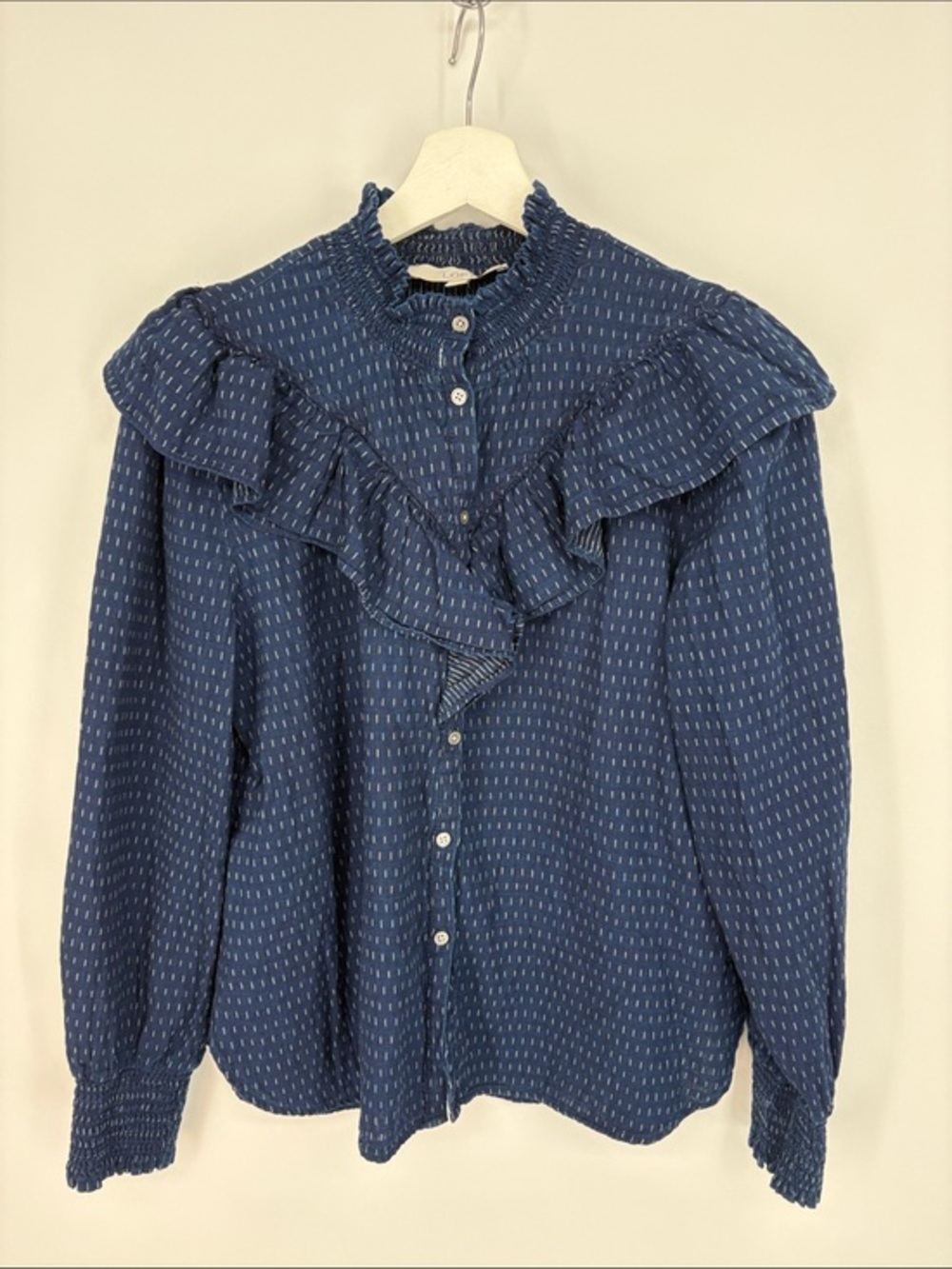 🔬 LOFT cotton print Indigo Blue Ruffle Front Button-Down Blouse long sleeve